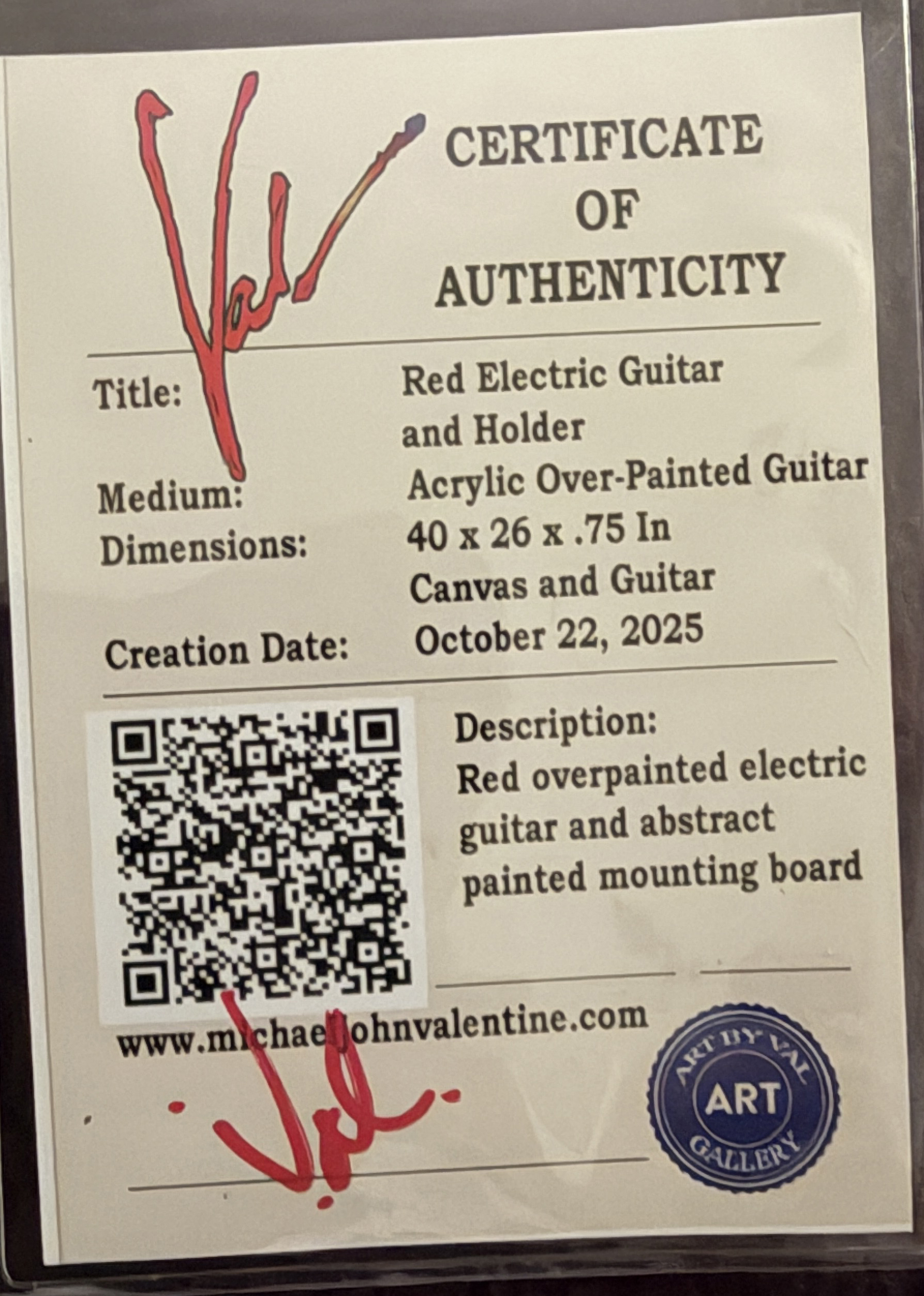 Red Wildfire Guitar Mounted and painted by artist Michael John Valentine