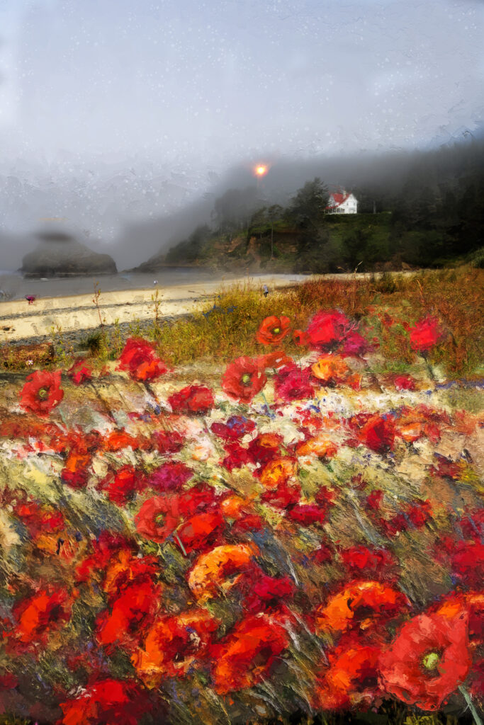 Haceta Head Lighthouse beach Oregon Coast with wild red flowers