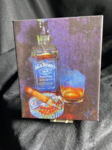 Jack Daniel's Bourbon and Montecristo Cigar painting 8 x 10 gallery wrapped canvas with mini easel by artist Michael John Valentine
