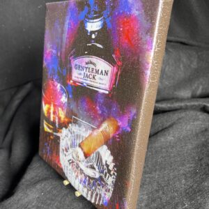 Gentleman Jack Daniel's Bourbon and Montecristo Cigar painting 8 x 10 gallery wrapped canvas with mini easel by artist Michael John Valentine