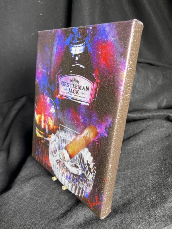Gentleman Jack Daniel's Bourbon and Montecristo Cigar painting 8 x 10 gallery wrapped canvas with mini easel by artist Michael John Valentine