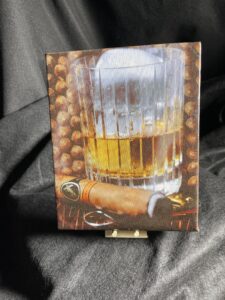Bourbon and a Davidoff Cigar painting 8 x 10 gallery wrapped canvas with mini easel by artist Michael John Valentine