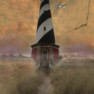 Historic Outer Banks Map over top Cape Hatteras Lighthouse painting