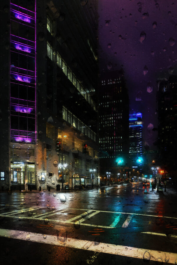 night scape city of charlotte wet streets neon reflections