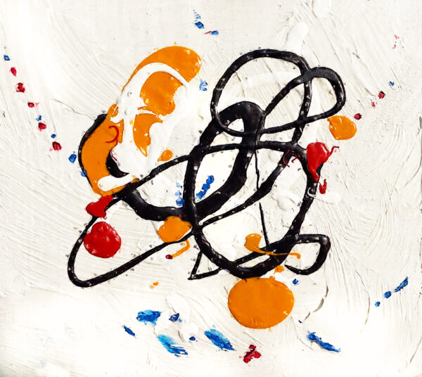 moving black lines with spots of orange red and blue abstract painting