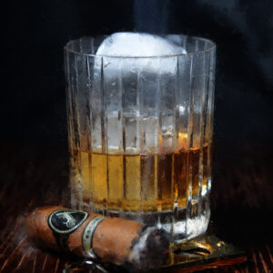 two fingers of bourbon on ice with Davidoff Cigar Painting