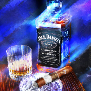 Jack Daniel's Bourbon Whiskey with A Montecristo Cigar Wall Art Abstract on Canvas by artist Michael John Valentine of Lake Norman North Carolina