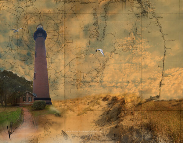 Currituck Lighthouse with map of North Carolina Shoreline