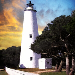 Ocracoke Lighthouse and white picket fence