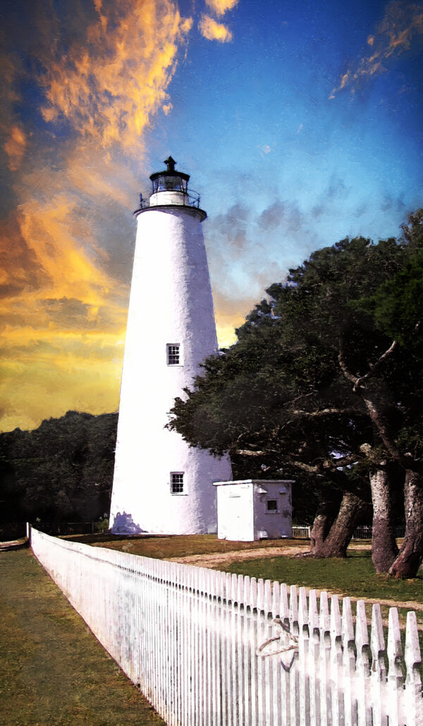 Ocracoke Lighthouse and white picket fence
