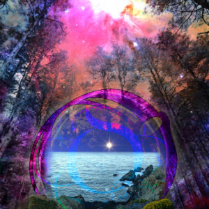 Abstract art forest with nebula skies and portal