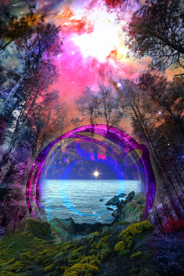 Abstract art forest with nebula skies and portal