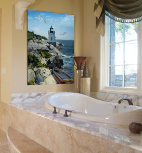 Example of Bathroom Lighthouse Art on Canvas by artist Michael John Valentine of Lake Norman