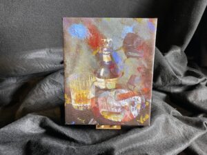 Blanton's Bourbon and Davidoff Cigar on exhibition canvas with mini easel by artist Michael John Valentine of Huntersville NC