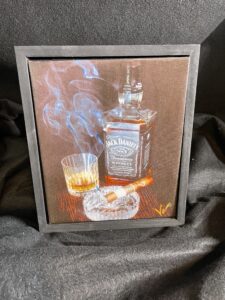 Jack Daniel's and Montecristo 10.5 x 9.5 Floating Wood Frame Cigar Painting on Canvas