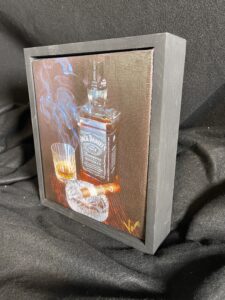 Jack Daniel's and Montecristo 10.5 x 9.5 Floating Wood Frame Cigar Painting on Canvas