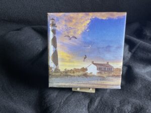 7 x 7 Gallery Wrapped Cape Lookout OBX Lighthouse on exhibition canvas with a mini easel by artist Michael John Valentine of Huntersville North Carolina