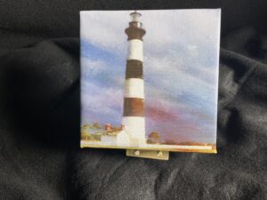 7 x 7 Gallery Wrapped Bodie Island OBX Lighthouse on exhibition canvas with a mini easel by artist Michael John Valentine of Huntersville North Carolina