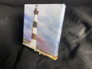7 x 7 Gallery Wrapped Bodie Island OBX Lighthouse on exhibition canvas with a mini easel by artist Michael John Valentine of Huntersville North Carolina