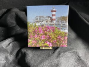 7 x 7 Gallery Wrapped Hilton Head Island Harbour Town Lighthouse Wall Art on exhibition canvas with a mini easel by artist Michael John Valentine at his Huntersville North Carolina Studio