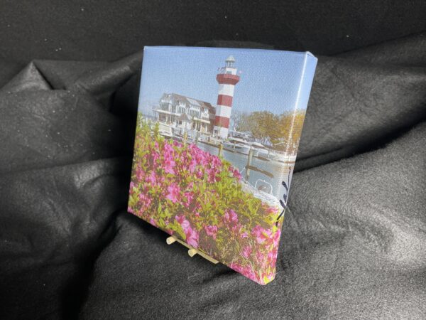 7 x 7 Gallery Wrapped Hilton Head Island Harbour Town Lighthouse Wall Art on exhibition canvas with a mini easel by artist Michael John Valentine at his Huntersville North Carolina Studio