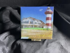 7 x 7 Gallery Wrapped HHI Harbour Town Lighthouse Wall Art on exhibition canvas with a mini easel by artist Michael John Valentine at his Huntersville North Carolina Studio