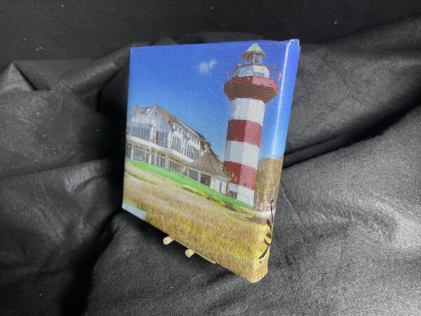 7 x 7 Gallery Wrapped HHI Harbour Town Lighthouse Wall Art on exhibition canvas with a mini easel by artist Michael John Valentine at his Huntersville North Carolina Studio