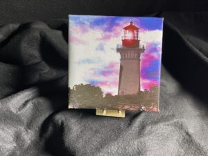 7 x 7 Gallery Wrapped Currituck Lighthouse Wall Art on exhibition canvas with a mini easel by artist Michael John Valentine at his Huntersville North Carolina Studio