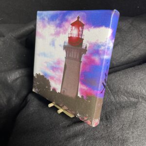 7 x 7 Gallery Wrapped Currituck Lighthouse Wall Art on exhibition canvas with a mini easel by artist Michael John Valentine at his Huntersville North Carolina Studio