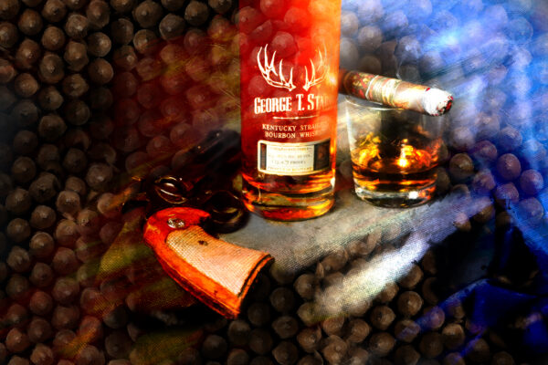 Abstract George T Stagg Bourbon and Fuente Opus X Cigar Painting on Canvas by Artist Michael John Valentine of Lake Norman