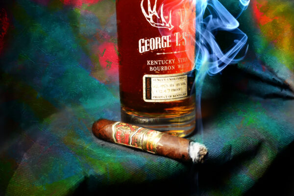 George T Stagg Bourbon and Opus X Cigar Painting on Canvas by artist Michael John Valentine of Lake Norman