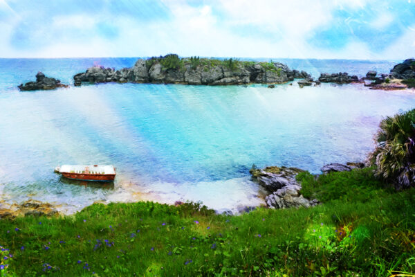 Bermuda Shoreline with Boats and Blue and White Wild Flowers Wall Art Painting on Canvas by artist Michael John Valentine of Charlotte