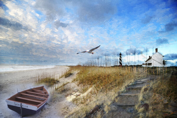Cape Hatteras Lighthouse and Boat Wall Art by Artist Michael John Valentine of Lake Norman