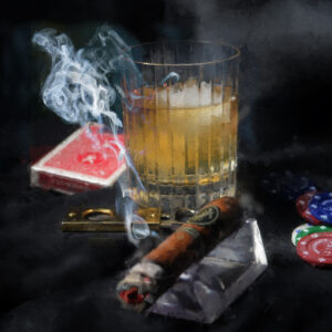 Davidoff Cigar with Bourbon and Playboy Cards Painting on Canvas by Artist Michael John Valentine of Lake Norman North Carolina