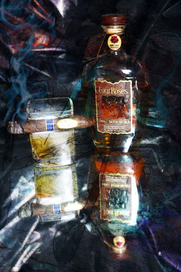 Four Roses Bourbon Whiskey burg a Davidoff Royal Abstract Wall Art Painting on Canvas by cigar artist Michael John Valentine of Lake Norman