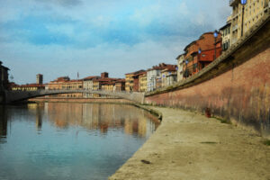 The Arno River water side Pisa Italy Wall Art Painting on canvas by artist Michael John Valentine of Huntersville Lake Norman