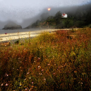 Haceta Head Lighthouse in the Fog on Canvas by Mixed Media Artist Michael John Valentine of Davidson North Carolina