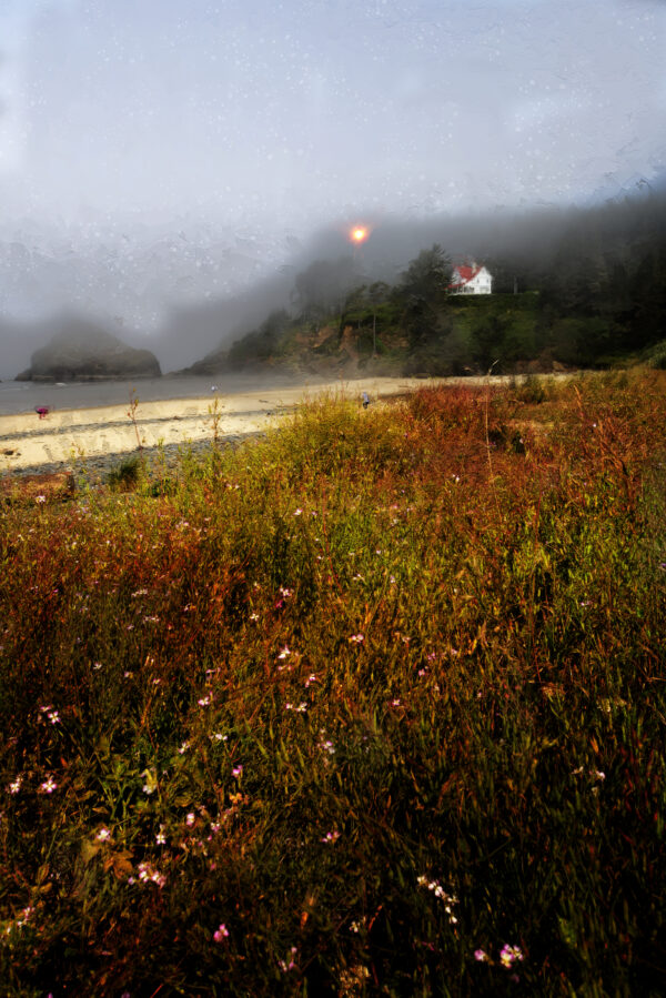 Haceta Head Lighthouse in the Fog on Canvas by Mixed Media Artist Michael John Valentine of Davidson North Carolina
