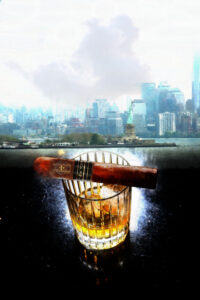 Montecristo New York City Cigar with Bourbon Whiskey on Ice by Artist Michael John Valentine of Huntersville Lake Norman