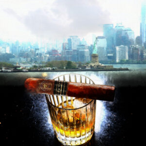 Montecristo New York City Cigar with Bourbon Whiskey on Ice by Artist Michael John Valentine of Huntersville Lake Norman