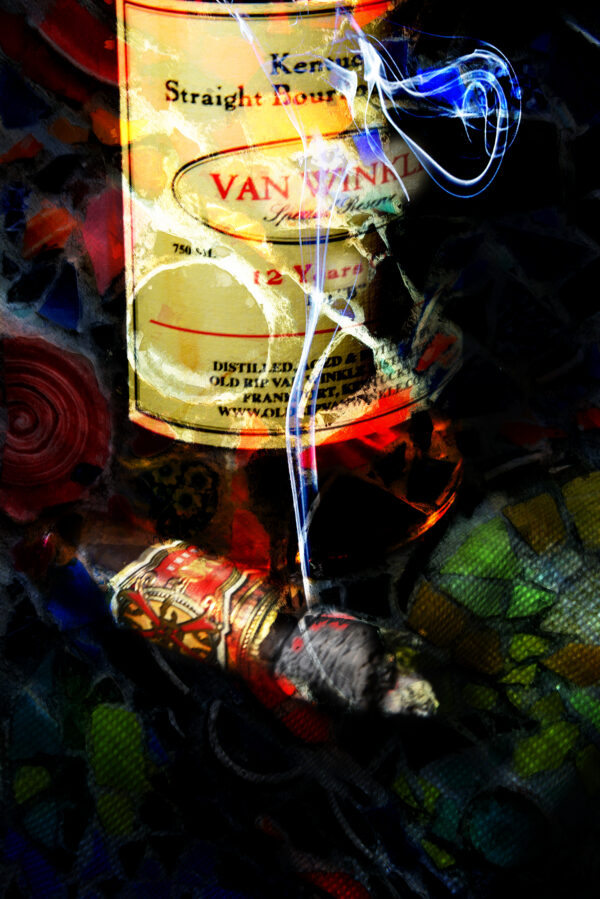 Abstract Fine Art Pappy 12 Year Bourbon and Fuente Opus X Cigar by artist Michael John Valentine of Charlotte