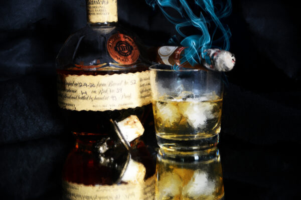 Blanton's Bourbon Whiskey with Davidoff Blend Cigar Fine Art Painting on Canvas by Artist Michael John Valentine of Charlotte
