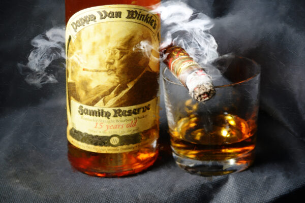 15 Year Pappy Van Winkle's Bourbon with Fuente Opus X Cigar Smoke Painting by Artist Michael John Valentine of Huntersville North Carolina