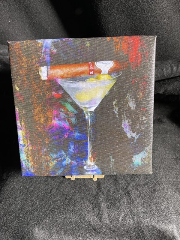 7 x 7 Gallery Wrapped Canvas with Mini Easel of A Martini and Davidoff Blend Cigar Wall Art by Artist Michael John Valentine of Charlotte