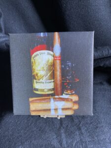 7 x 7 Gallery Wrapped Canvas with Mini Easel of Pappy Van Winkle's Bourbon and Davidoff Blend Cigar Wall Art by Artist Michael John Valentine of Charlotte