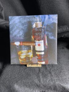 7 x 7 Gallery Wrapped Canvas with Mini Easel of Four Roses Bourbon and Davidoff Blend Cigar Wall Art by Artist Michael John Valentine of Charlotte