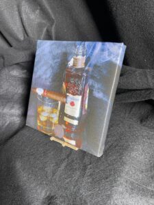 7 x 7 Gallery Wrapped Canvas with Mini Easel of Four Roses Bourbon with Davidoff Blend Cigar Wall Art by Artist Michael John Valentine of Davidson North Carolina