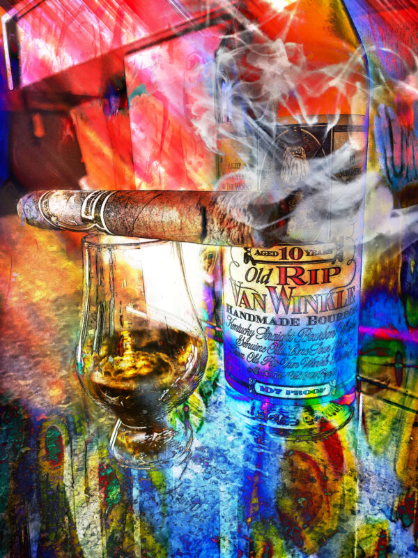 Drew Estate Cigar with 10 Year pappy Van Winkle's Bourbon Fine Art Abstract Painting on Canvas by Artist Michael John Valentine of Lake Norman