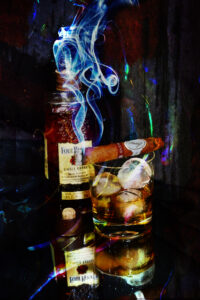 Abstract Davidoff Blend Cigar with Four Roses Single Barrel Bourbon Fine Art Painting on Canvas by Artist Michael John Valentine of Charlotte