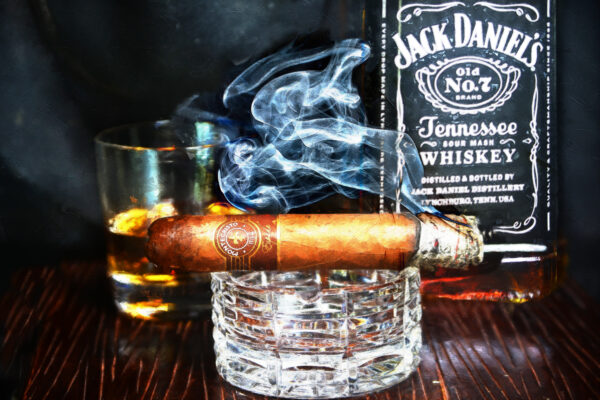 Montecristo Espada Cigar and Jack Daniel's Bourbon Fine Art on Canvas by Artist Michael John Valentine of Lake Norman